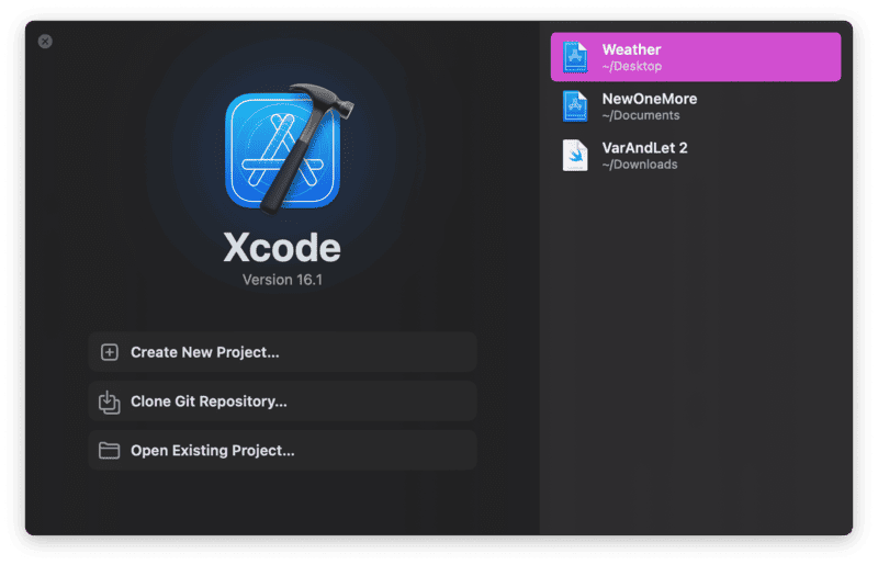 Panneau de création d'un nouveau projet sur xCode