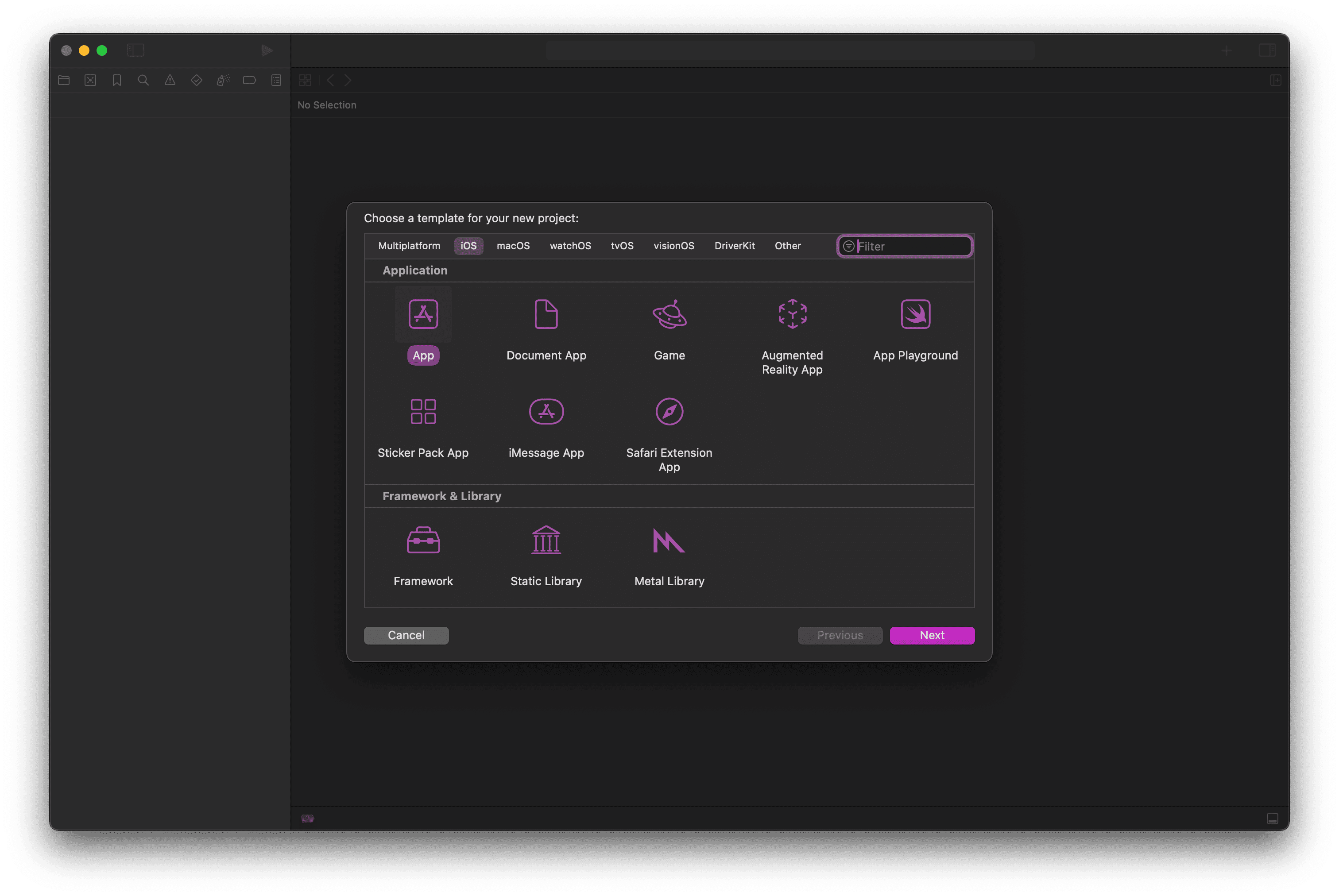 Capture d'écran de la fenêtre de selection du type d'application que l'on souhaite créer sur Xcode