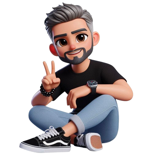 Illustration 3D d'un personnage stylisé, assis en tailleur, portant un t-shirt noir, un jean retroussé et des baskets noires. Il affiche un signe de paix avec sa main droite et porte une montre connectée au poignet gauche. Son expression est amicale avec un sourire et une barbe bien taillée.