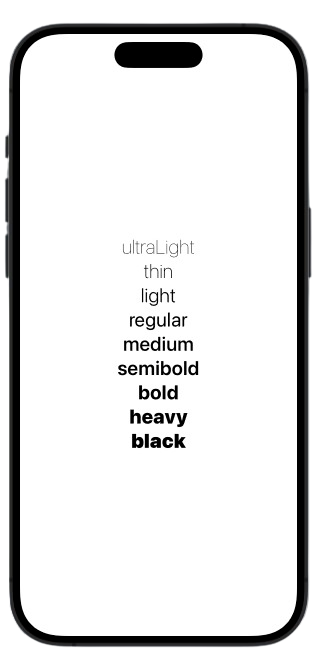 capture d'écran dun iPhone qui représente différent texte en swift ui pour représenter les différente épaisseur de texte disponible