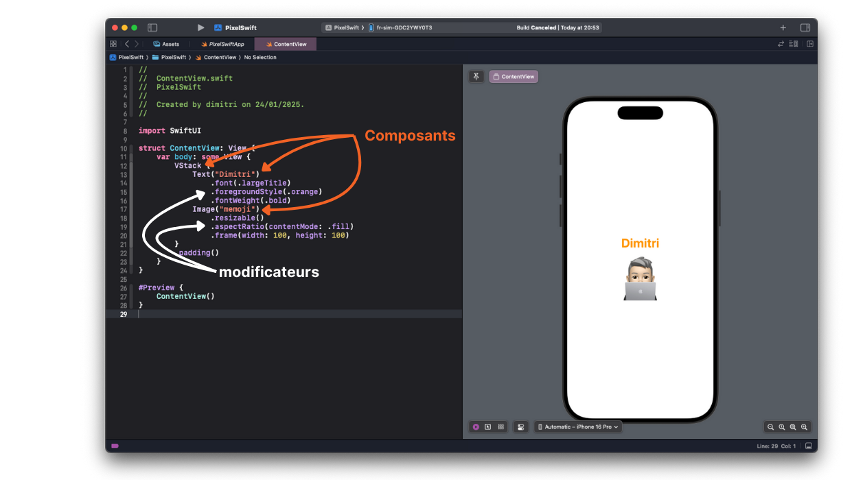 Capture d'écran de l'ide Xcode, ou on vois le code à gauche et une interface d'un iphone 16 a droite. Un titre et une image d'un avatar son affiché des flèche montre l'emplacement des composant et d'autre l'emplacement des moficateurs.