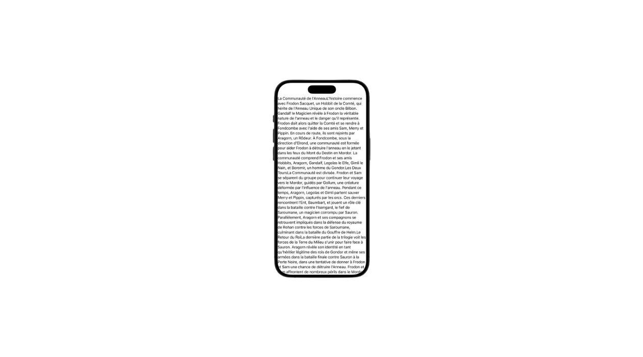 Image de présentation d’un écran iOS illustrant les composants Textes en SwiftUI, un long texte est présent sur l'écran