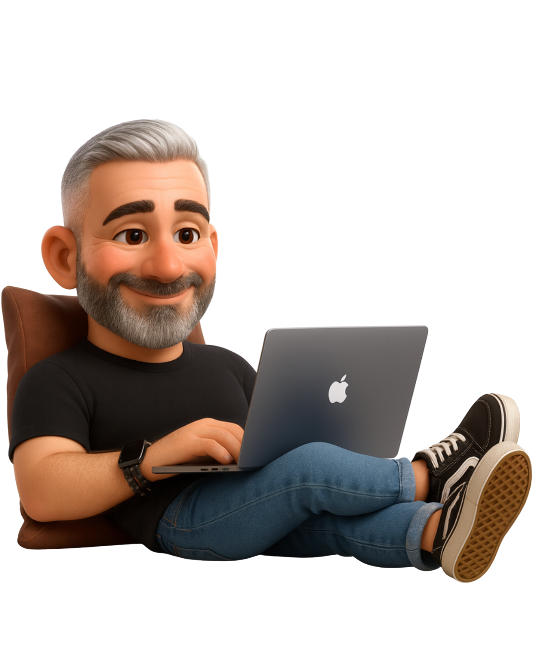 Un homme est assis en tailleur avec un mac book pro sur les genoux, il est très heureux et à un large sourire.