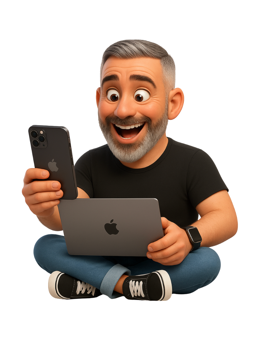 Avatar 3D d'un homme assis en tailleur avec un macbook pro sur les genoux, il à un air surpris