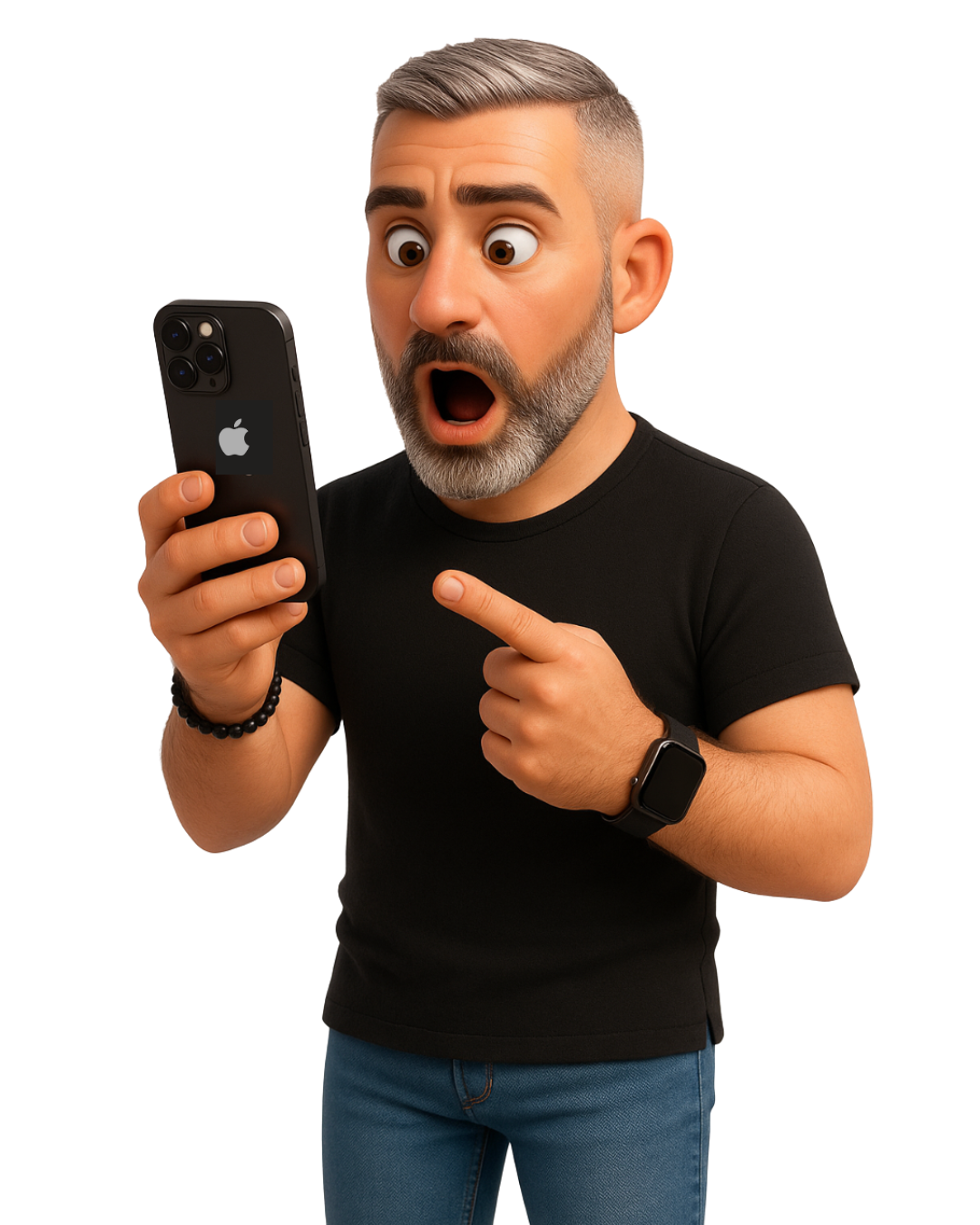 Illustration 3D d'un personnage stylisé, assis en tailleur, portant un t-shirt noir, un jean retroussé et des baskets noires. Il affiche un signe de paix avec sa main droite et porte une montre connectée au poignet gauche. Son expression est amicale avec un sourire et une barbe bien taillée.