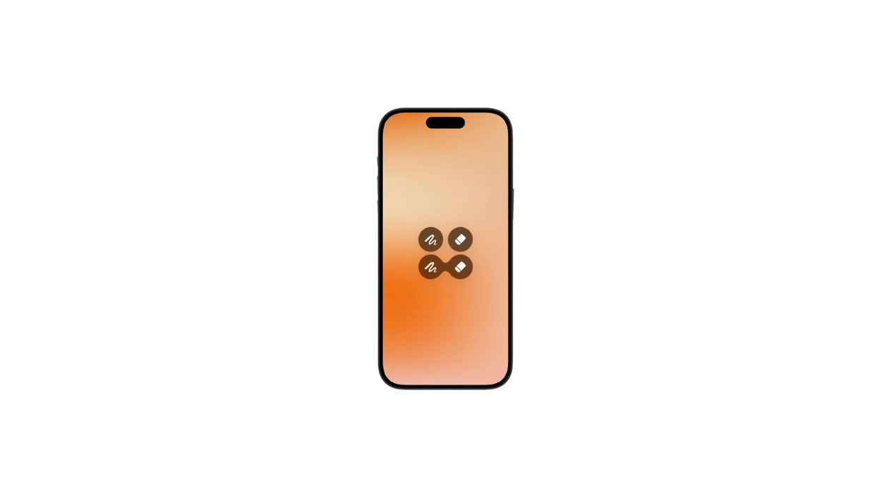 Capture d'un écran d'iPhone 16 représentants un fond orange avec quatre icône stylisé en liquid glass.