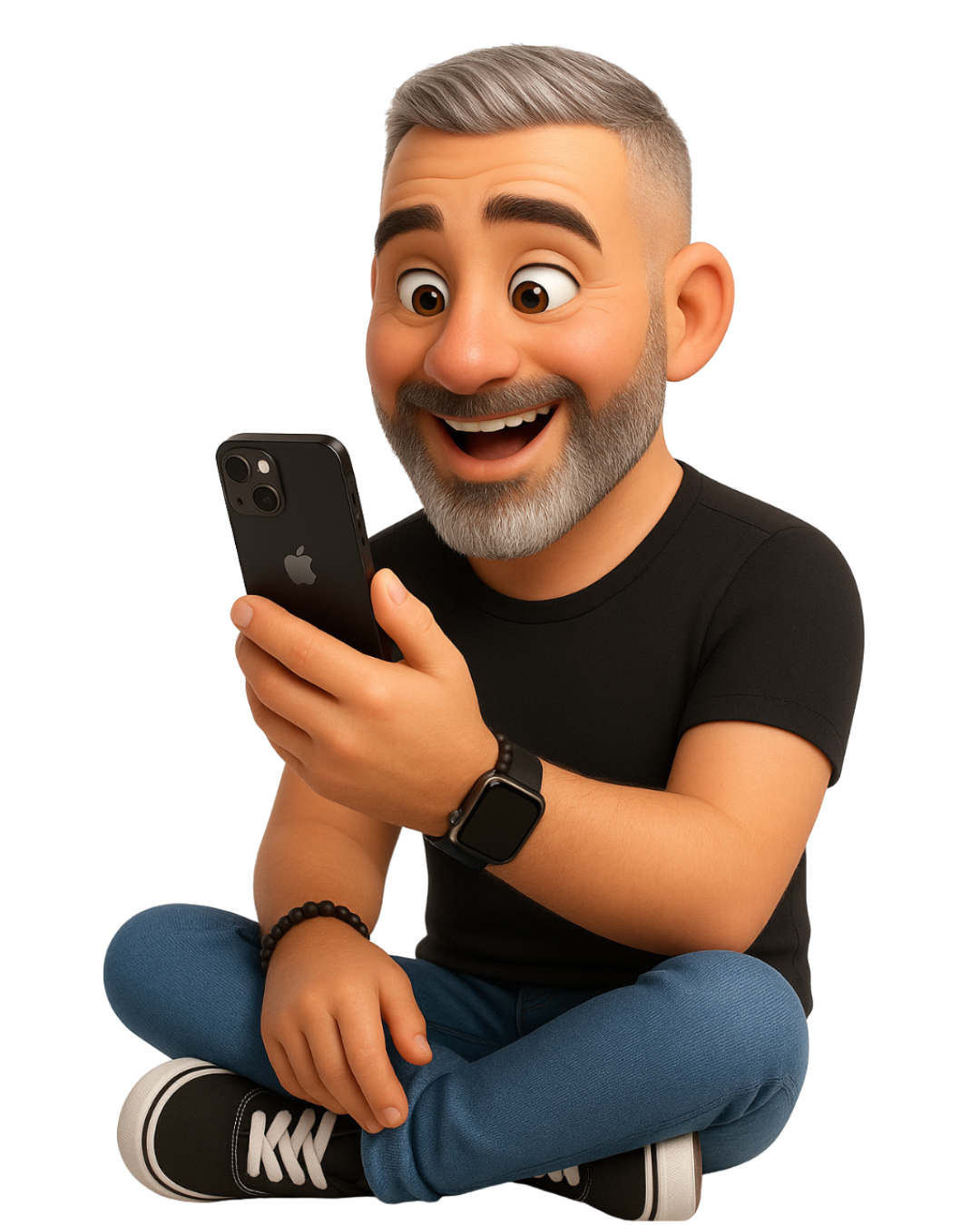 Illustration 3D d'un personnage stylisé, assis en tailleur, portant un t-shirt noir, un jean retroussé et des baskets noires. Il affiche un signe de paix avec sa main droite et porte une montre connectée au poignet gauche. Son expression est amicale avec un sourire et une barbe bien taillée.