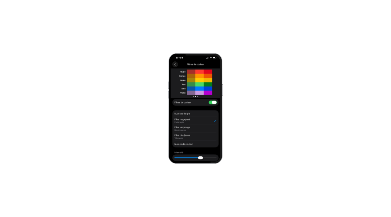 Capture d'un écran d'iPhone 16 représentants les paramètre d'ios de filtre de couleurs